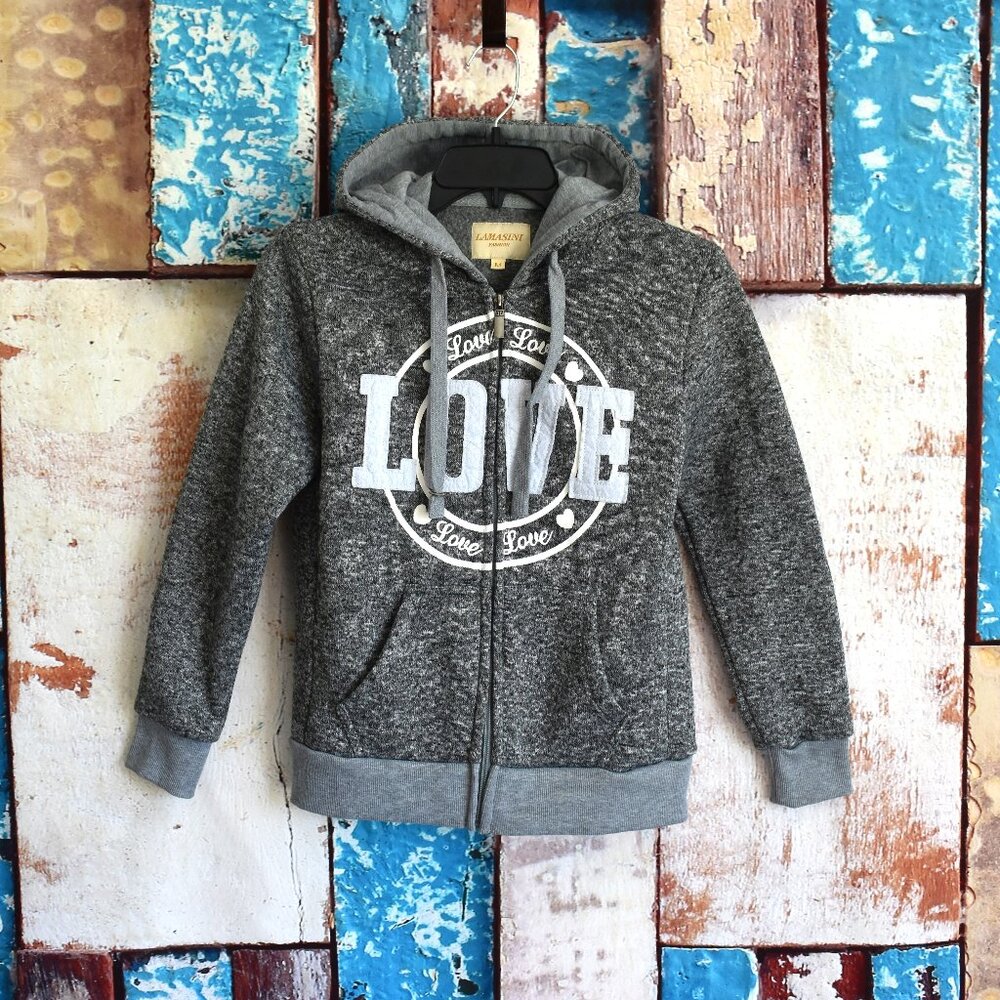 Women's Lamasini Fashion Junior's Hoodie Full Zip Jacket Love MEDIUM Gray